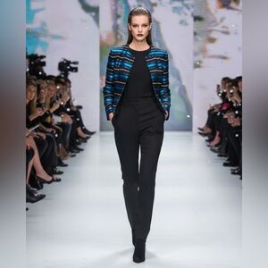 Maggy London Black and Blue Striped Blazer